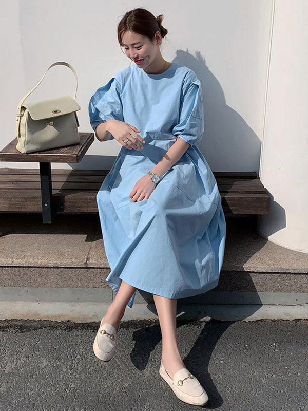 Casual Round-Neck Bishop Sleeve Loose Solid Color Midi Dress