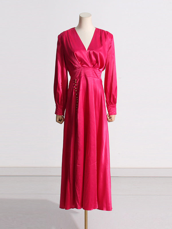 Buttoned Split-Side Zipper High Waisted Long Sleeves Deep V-Neck Maxi Dresses