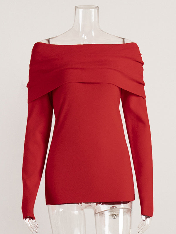 Solid Color Long Sleeves Loose Off-The-Shoulder Sweater Tops Pullovers