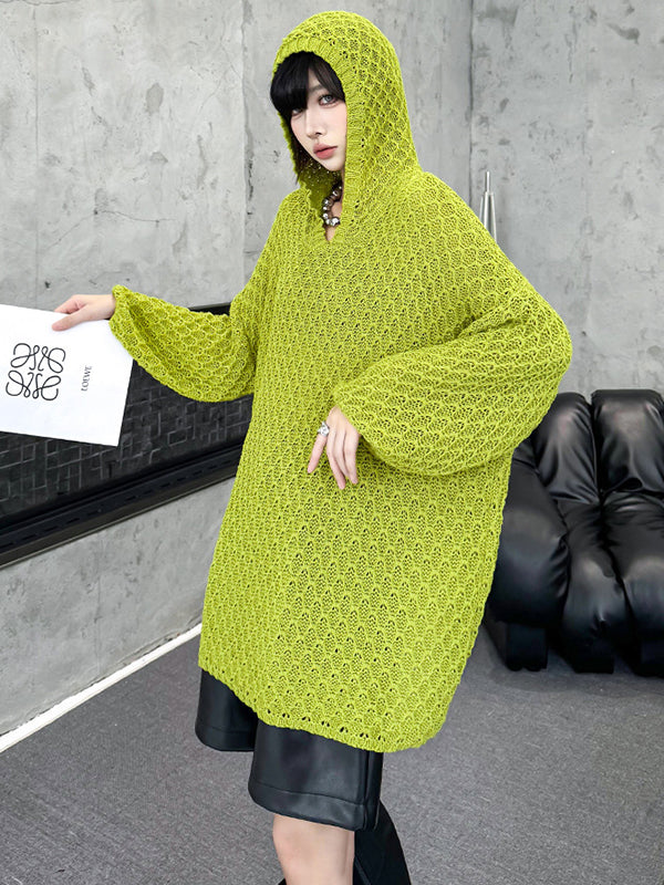 Hollow Solid Color Long Sleeves Loose Hooded Sweater Tops
