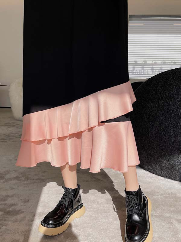 Casual Loose Short Sleeves Contrast Color Falbala Split-Joint Round-Neck Midi Dresses