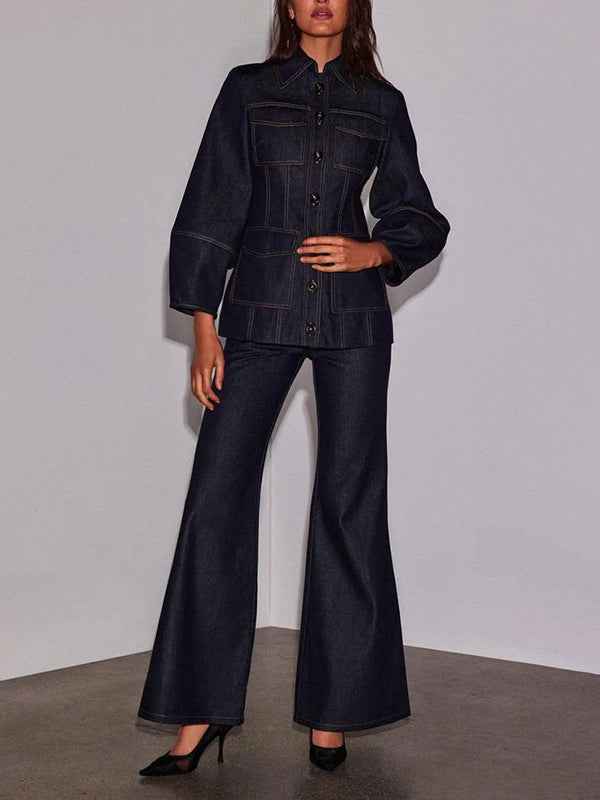 Pockets Solid Color High Waisted Wide Leg Jean Pants Bottoms