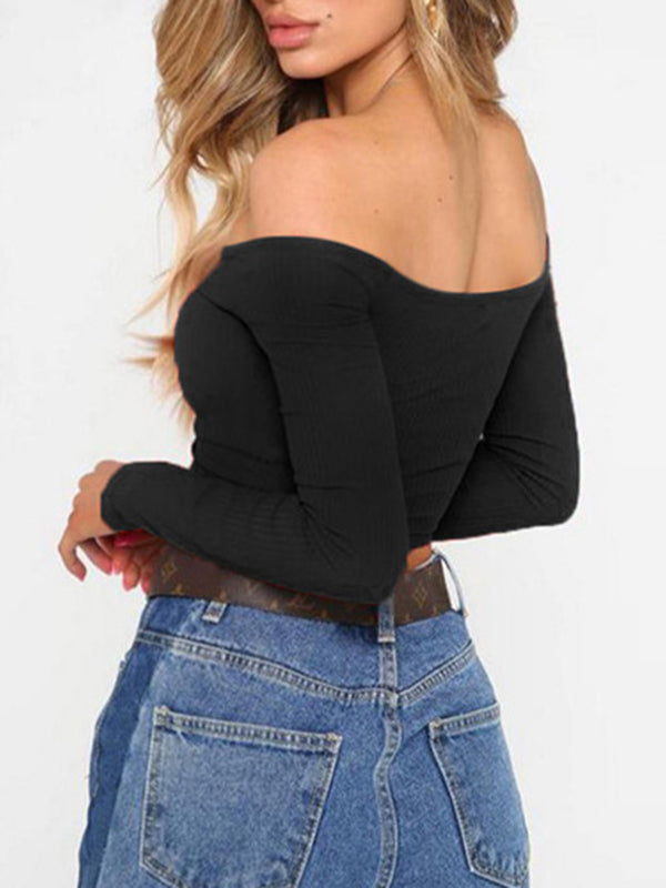 Solid Color Long Sleeves Skinny Off-The-Shoulder T-Shirts Tops
