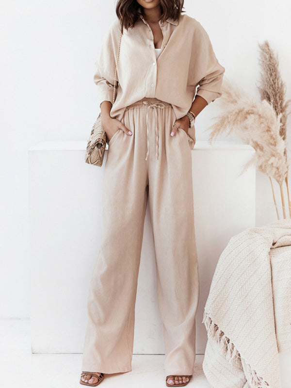 Lapel Long Sleeves Buttoned Pockets Solid Color Shirts Top + Elasticity High Waisted Pants Bottom Two Pieces Set