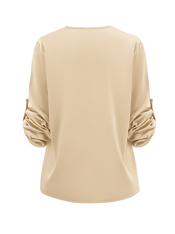 Elasticity Solid Color Long Sleeves Loose V-neck Blouses&shirts Tops