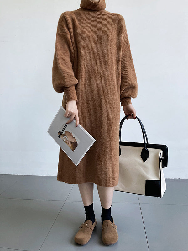 Urban Loose Puff Sleeves Solid Color High-Neck Sweater Dresses