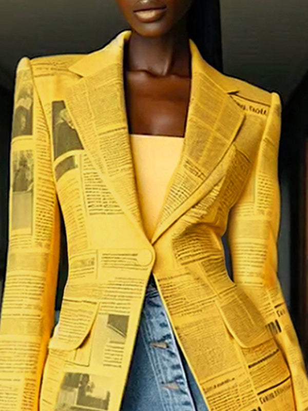 Long Sleeves Newspaper Print Split-Joint Lapel Blazer Suits