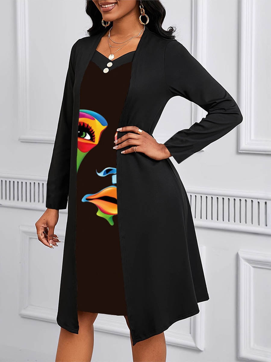 Buttoned Contrast Color Human Pattern Print Split-Joint A-Line False Two Square-Neck Midi Dresses