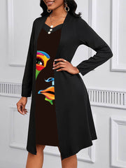 Buttoned Contrast Color Human Pattern Print Split-Joint A-Line False Two Square-Neck Midi Dresses