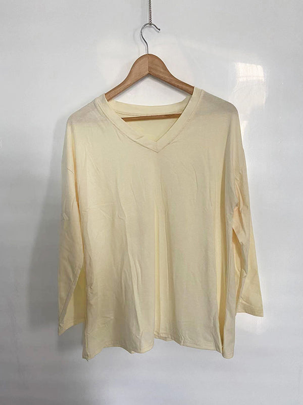 See-Through Solid Color Split-Joint Long Sleeves Loose V-neck T-shirts