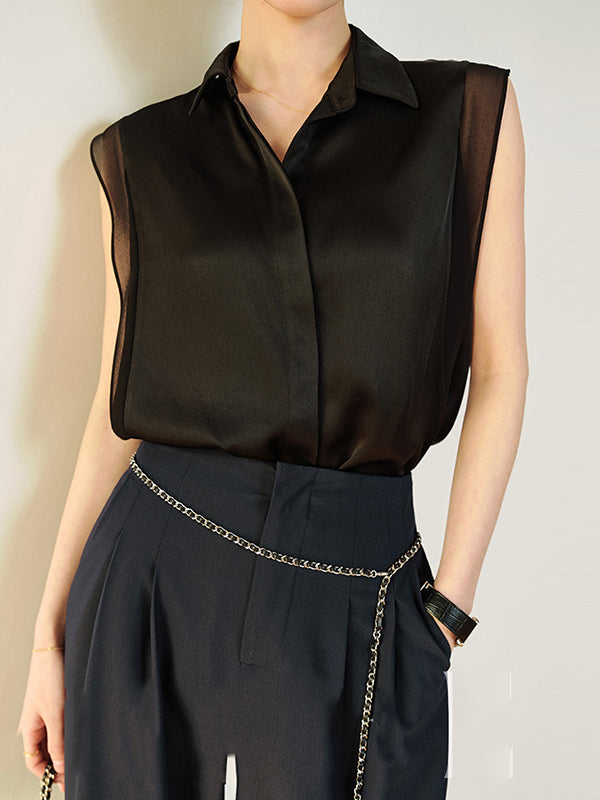 Buttoned Solid Color Split-Joint Loose Sleeveless Lapel Blouses&Shirts Tops