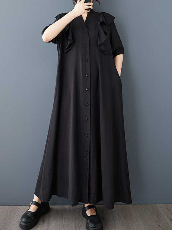 Buttoned Ruffle Trim Solid Color A-Line Half Sleeves V-Neck Midi Dresses