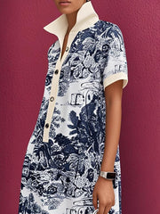 Loose Short Sleeves Buttoned Contrast Color Pockets Stand Collar Mini Dresses