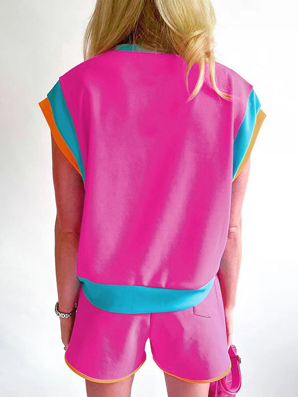Contrast Color Elasticity Loose Short Sleeves Round-Neck T-shirt + Shorts Two Pieces Set