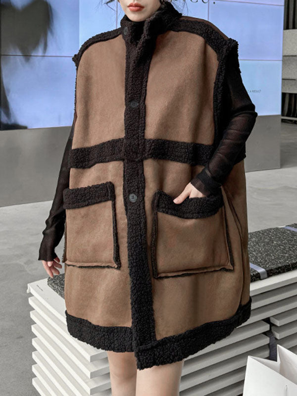 Buttoned Contrast Color Pockets Reversible Velvet Loose Sleeveless Stand Collar Vest Outerwear