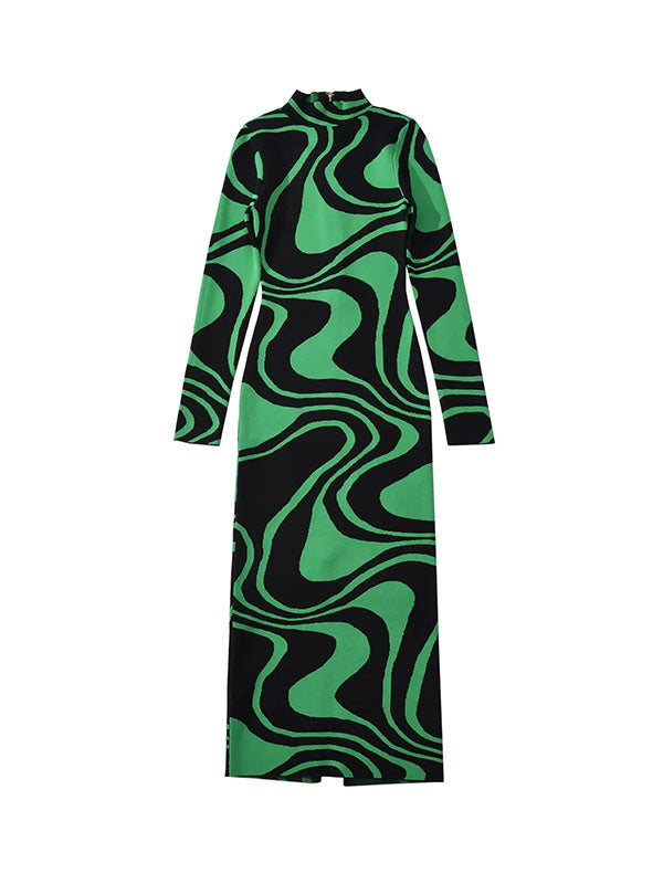Contrast Color Printed Split-Back Split-Joint Zipper Long Sleeves Skinny High Neck Midi Dresses