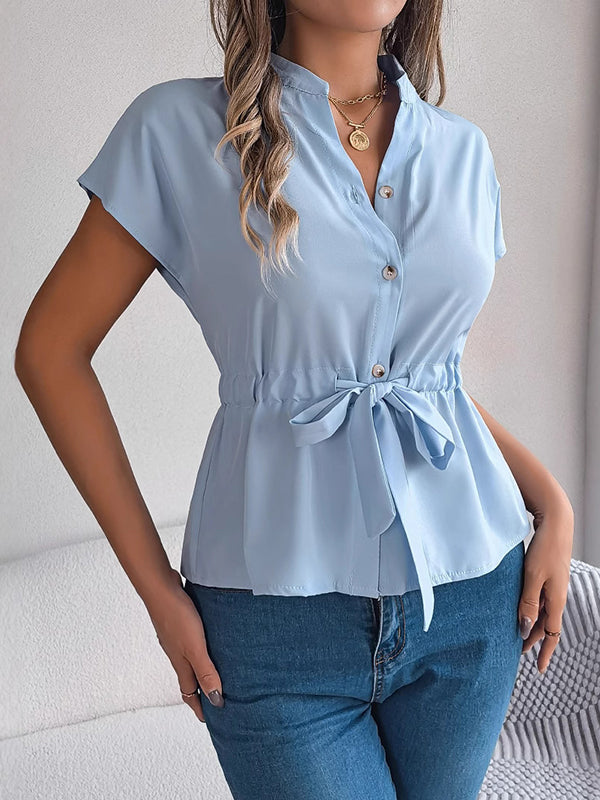 Drawstring Split-Joint Loose Short Sleeves Round-neck Blouses&shirts Tops
