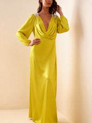 Contrast Color Pleated Rhinestone Split-Joint Bodycon Long Sleeves Heaps Collar Maxi Dresses