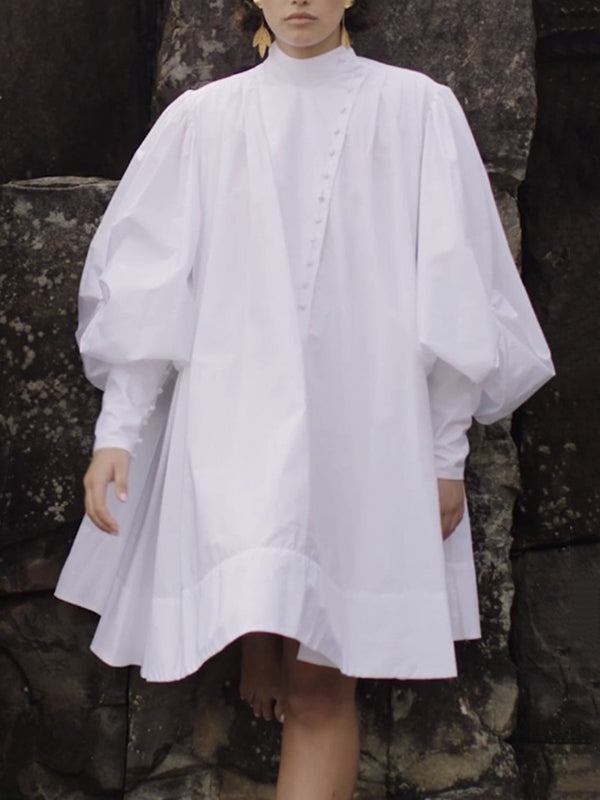 Buttoned Solid Color Long Sleeves Loose Stand Collar Shirt Dress Mini Dresses