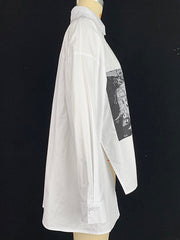 A-Line High-Low Buttoned Pockets Printed Split-Side Stand Collar Blouses&Shirts Tops
