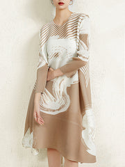 Pleated Printed Long Sleeves Loose Round-neck Midi Dresses