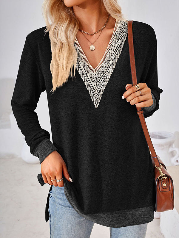 Hollow Split-Joint Split-Side Long Sleeves Loose V-Neck T-Shirts Tops