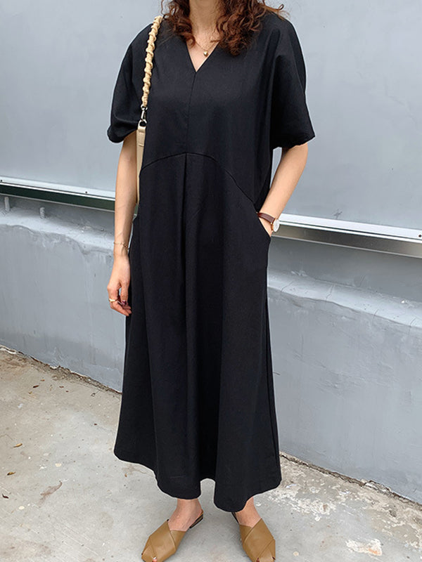 Loose Solid Color V-Neck Pleated With Pockets Midi Dresses