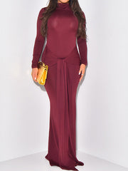 Solid Color Split-Joint Tied Waist Bodycon Long Sleeves Half Turtleneck Maxi Dresses