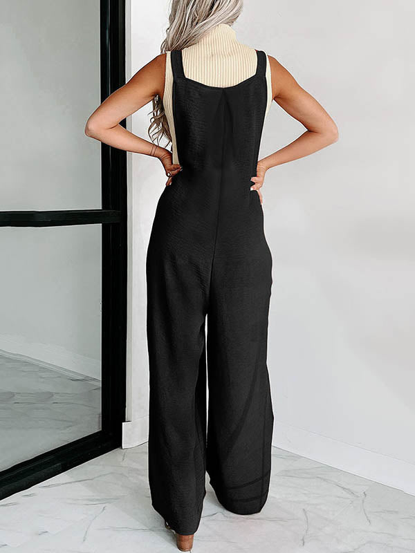 Buttoned Pleated Pockets High Waisted Loose Overalls