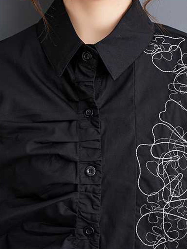 Buttoned Embroidered Pleated Irregularity Loose Lapel Collar Blouses&Shirts Tops
