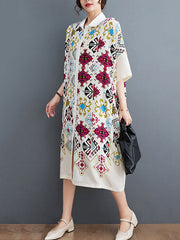 Ethnic Printed Loose Short Sleeves Lapel Midi Dresses