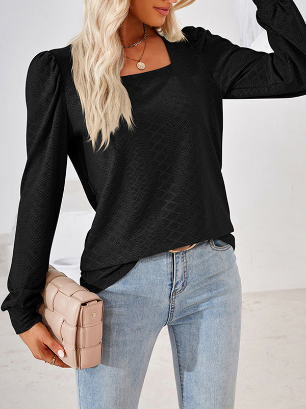 Jacquard Solid Color Loose Square-neck T-Shirts Tops