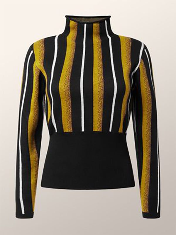 Contrast Color Split-Joint Striped Long Sleeves Skinny High Neck T-Shirts Tops
