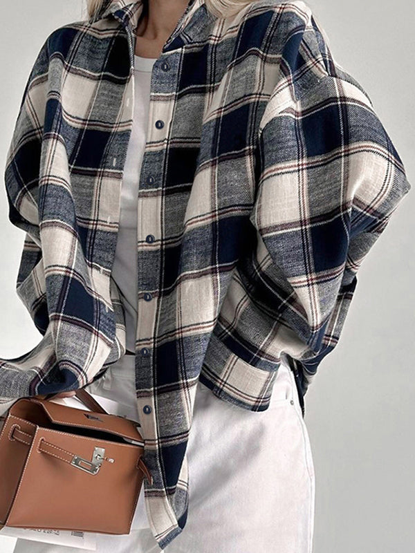 Plaid Split-Joint Long Sleeves Loose Lapel Blouses&Shirts Tops
