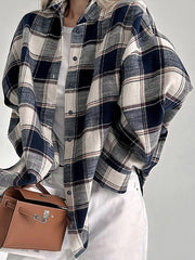 Plaid Split-Joint Long Sleeves Loose Lapel Blouses&Shirts Tops