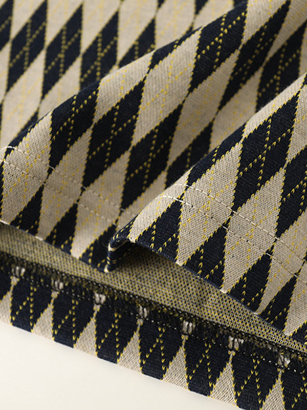 Original Plaid Knitting Lapel Collar Short Sleeves Mini Dress