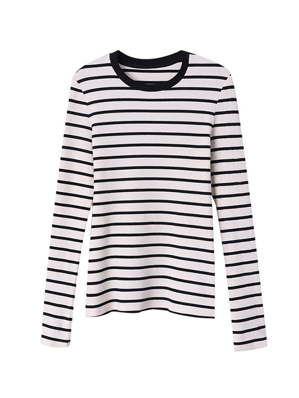 Contrast Color Striped Long Sleeves Skinny Round-Neck T-Shirts Tops
