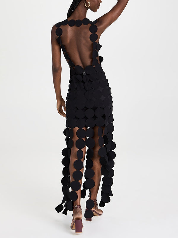 Backless Hollow Polka-Dot Solid Color Split-Joint Loose Sleeveless Round-neck Maxi Dresses