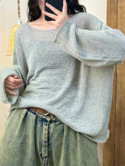 See-Through Solid Color Split-Joint Long Sleeves Loose Round-Neck T-Shirts Tops