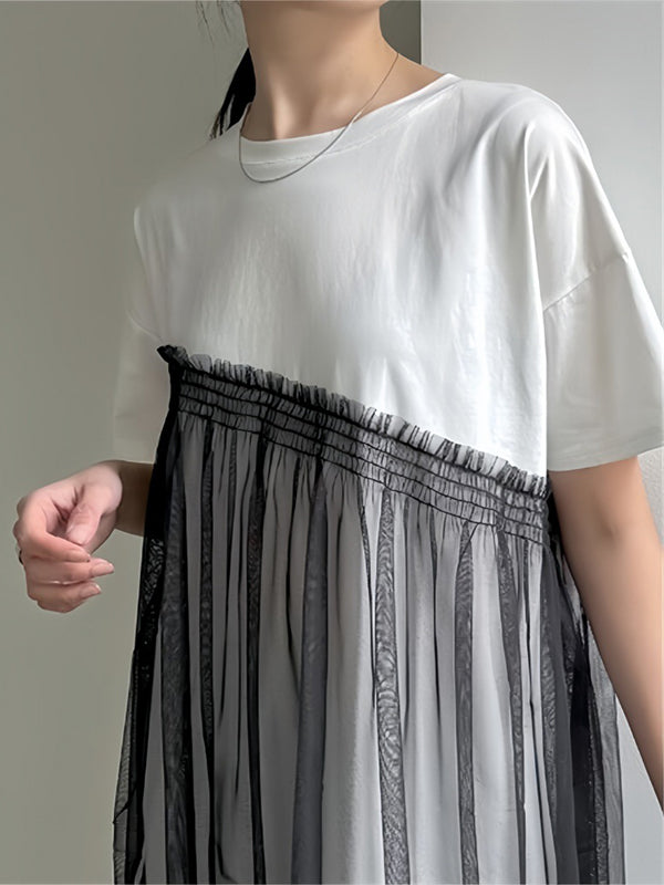 Asymmetric Mesh Split-Joint Loose Short Sleeves Round-Neck T-Shirts Tops