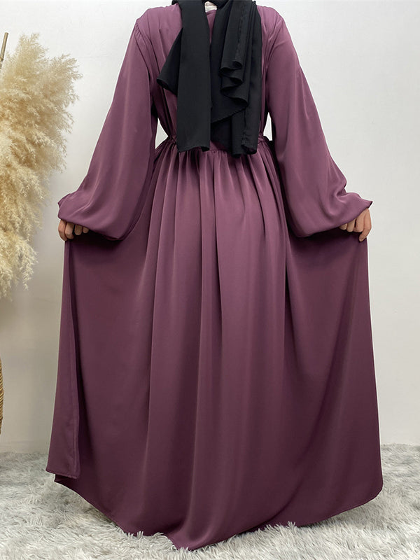 Drawstring Elasticity Muslim Pleated Solid Color Zipper Long Sleeves Loose Round-Neck Maxi Dresses