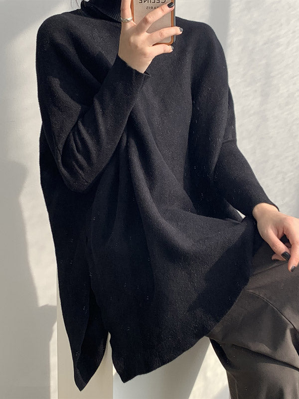 Original 4 Colors Split-Side High-Neck Long Sleeves Sweater Top