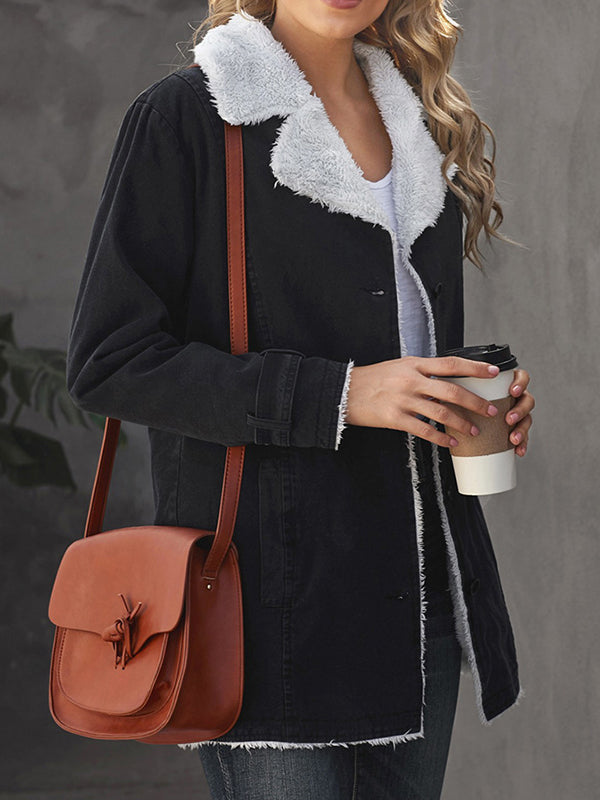 Buttoned Pockets Velvet Long Sleeves Loose Notched Collar Outerwear