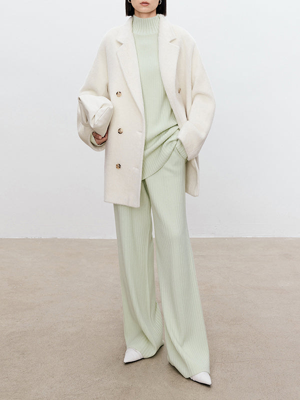 Solid Color Long Sleeves High-Neck Sweater Top + Wide Leg Pants Bottom Two Pieces Set
