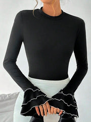 Flared Sleeves Long Sleeves Split-Joint Tiered Round-Neck T-Shirts Tops