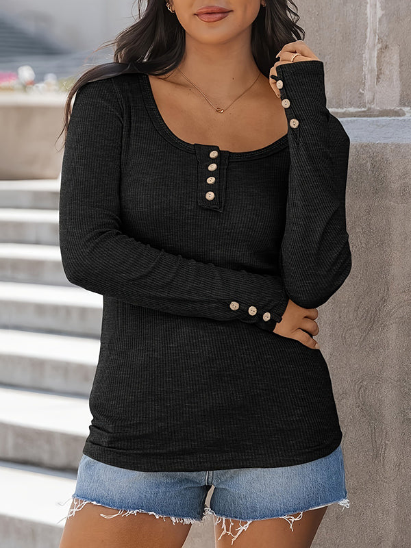 Buttoned Solid Color Long Sleeves Skinny Square-Neck T-Shirts