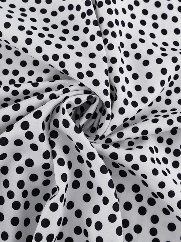 Polka-Dot Long Sleeves Loose Buttoned Contrast Color Pockets Lapel Blouses Tops + Pants Bottom Two Pieces Set