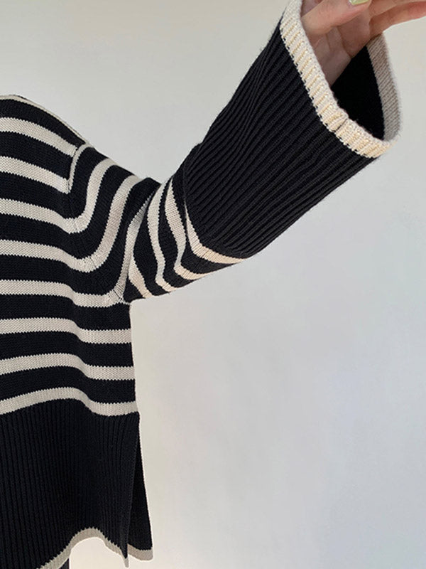 Contrast Color Pleated Split-Joint Split-Side Striped Patterns Long Sleeves Loose High Neck Sweater Tops