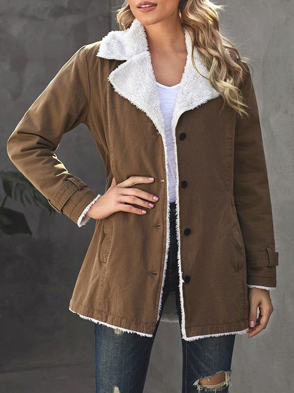 Buttoned Pockets Velvet Long Sleeves Loose Notched Collar Outerwear