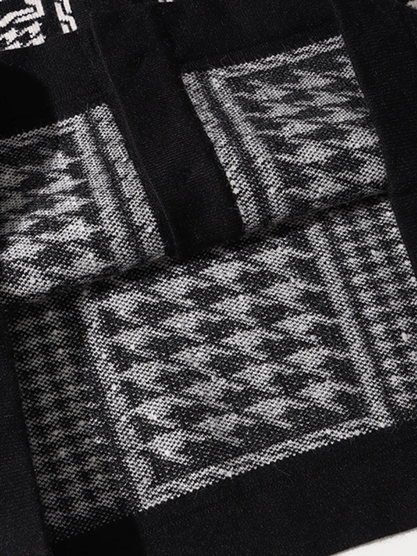 Long Sleeves Loose Contrast Color Houndstooth Split-Joint Round-Neck Cardigan Tops